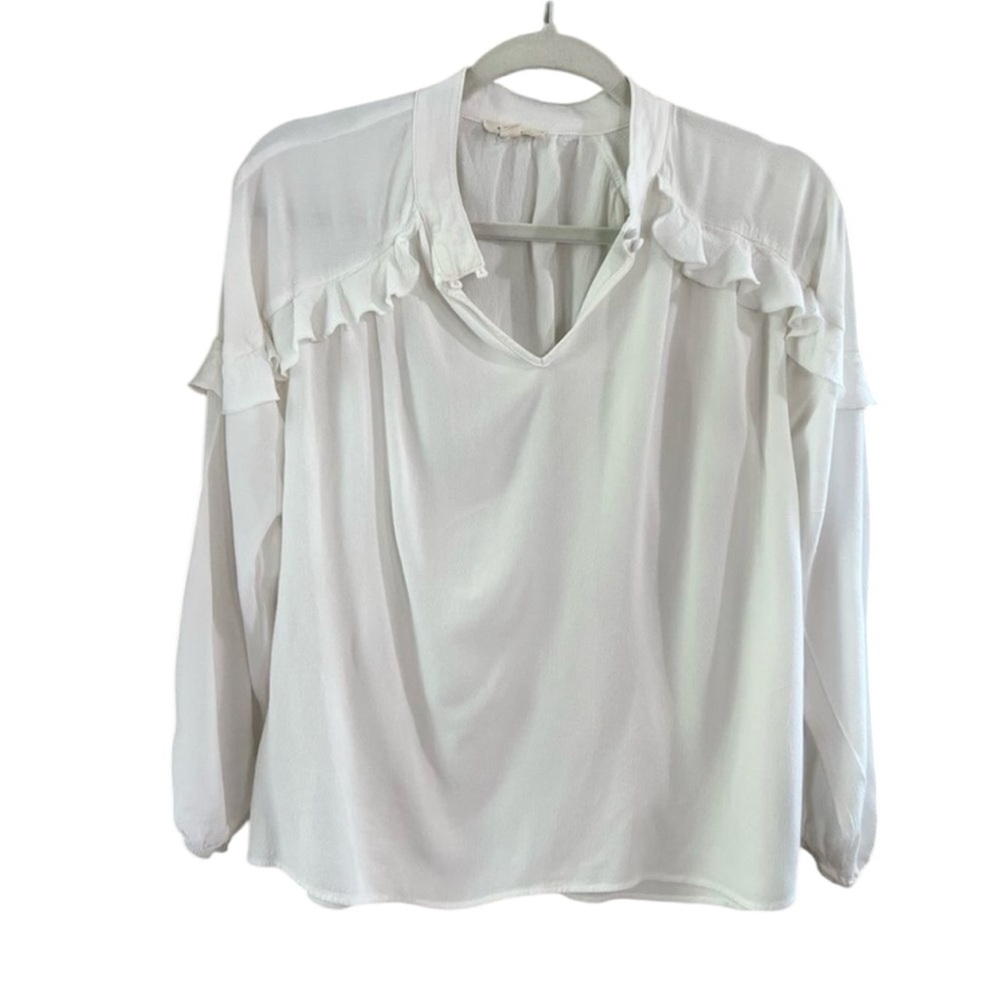 Anthropologie Yellow Chair Ruffled V Neck Long Sleeve White Blouse Top Sz Large